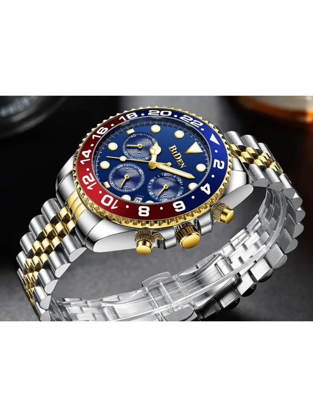 Men's Blue Luxury Stainless Steel Analog Chronograph Waterproof Classic Watch